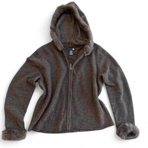 Brown faux fur hooded zip up sweater